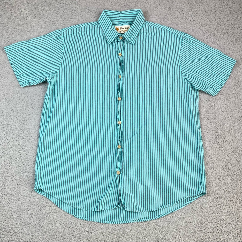 Mollusk California Mens Size XL Teal Striped Short Sleeve Button Up Cotton Shirt